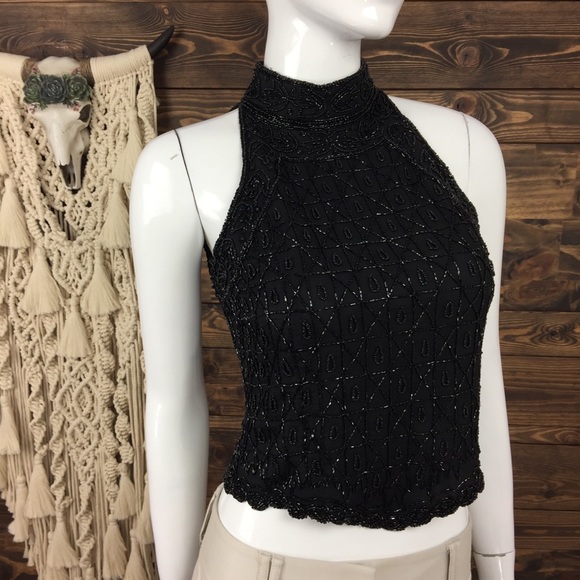 Cote D’azur | Beaded Halter Evening Silk Top - Picture 2 of 8
